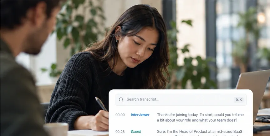 A researcher taking notes during an interview