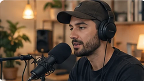 A podcast host speaking into a microphone